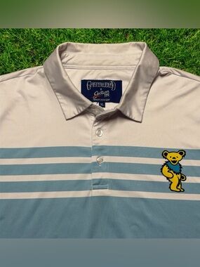 The Grateful Dead Section 119 Yellow Bear Performance Polo Shirt XL Blue Striped